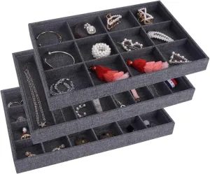 AUTOARK Grey Linen Stackable Jewelry Tray Showcase Display Organizer,Set of 3,AJ-010