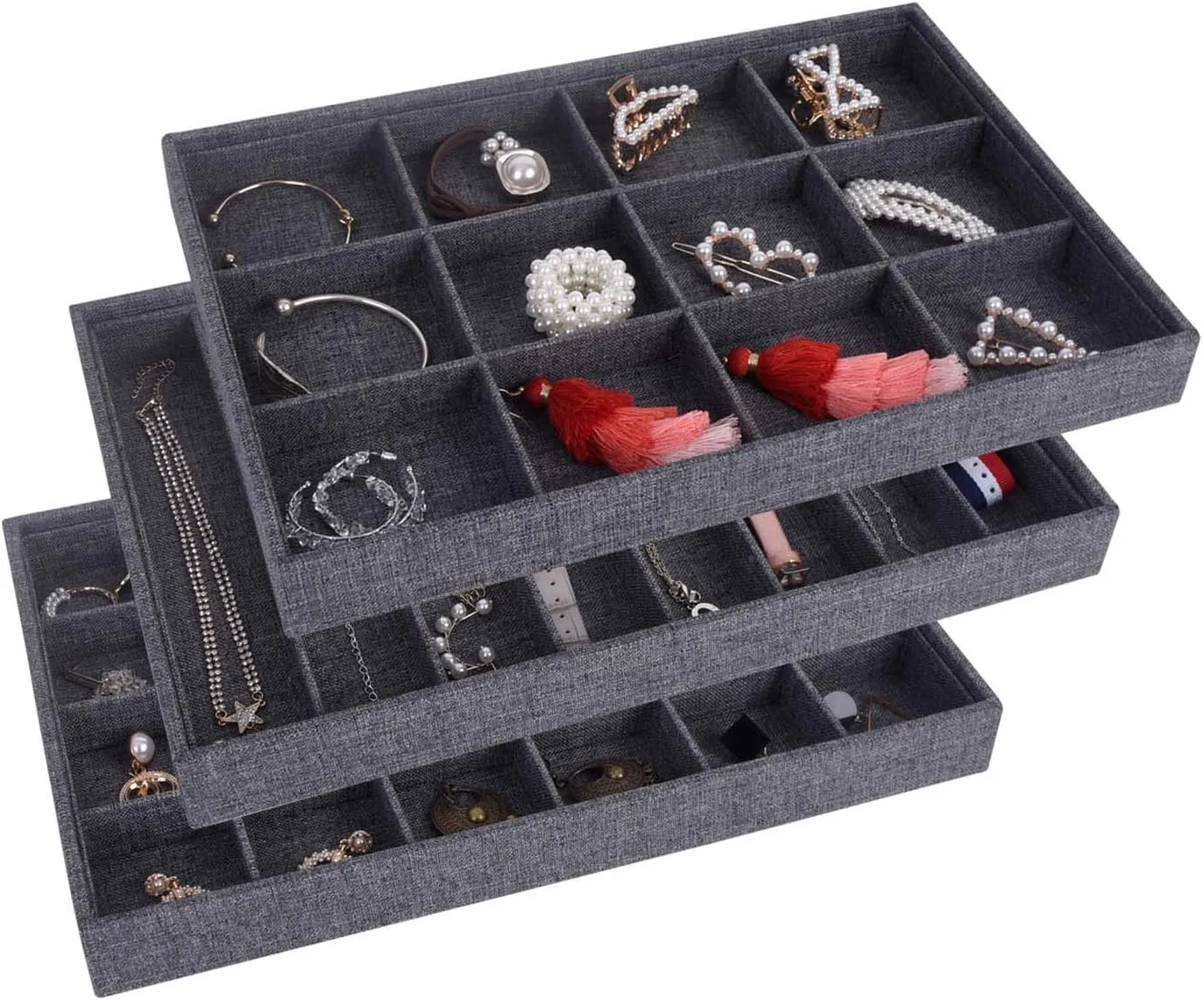 AUTOARK Grey Linen Stackable Jewelry Tray Showcase Display Organizer,Set of 3,AJ-010