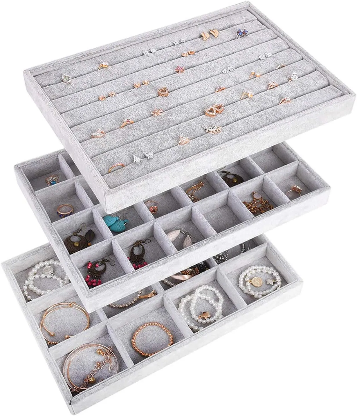 Autoark Ice Velvet Stackable Jewelry Tray Showcase Display Organizer,Set of 3,AJ-076