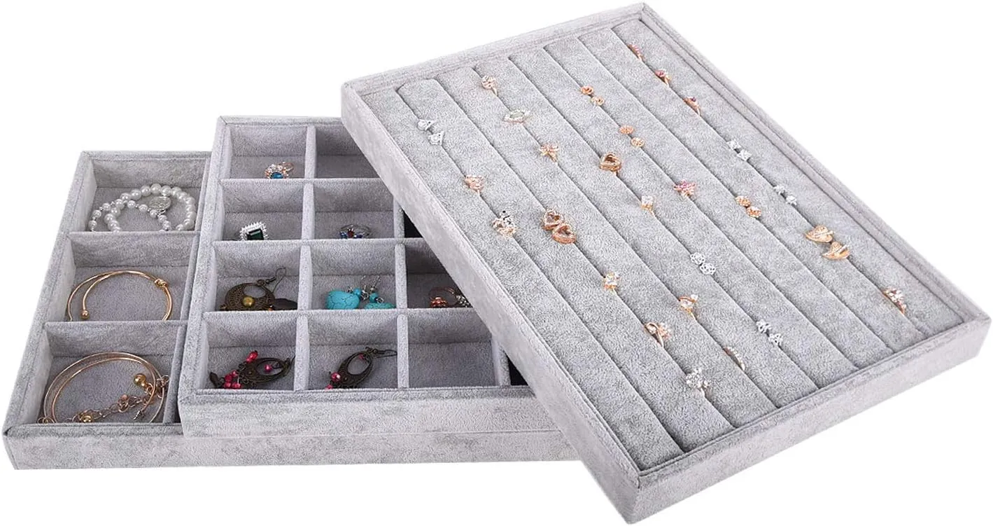Autoark Ice Velvet Stackable Jewelry Tray Showcase Display Organizer,Set of 3,AJ-076