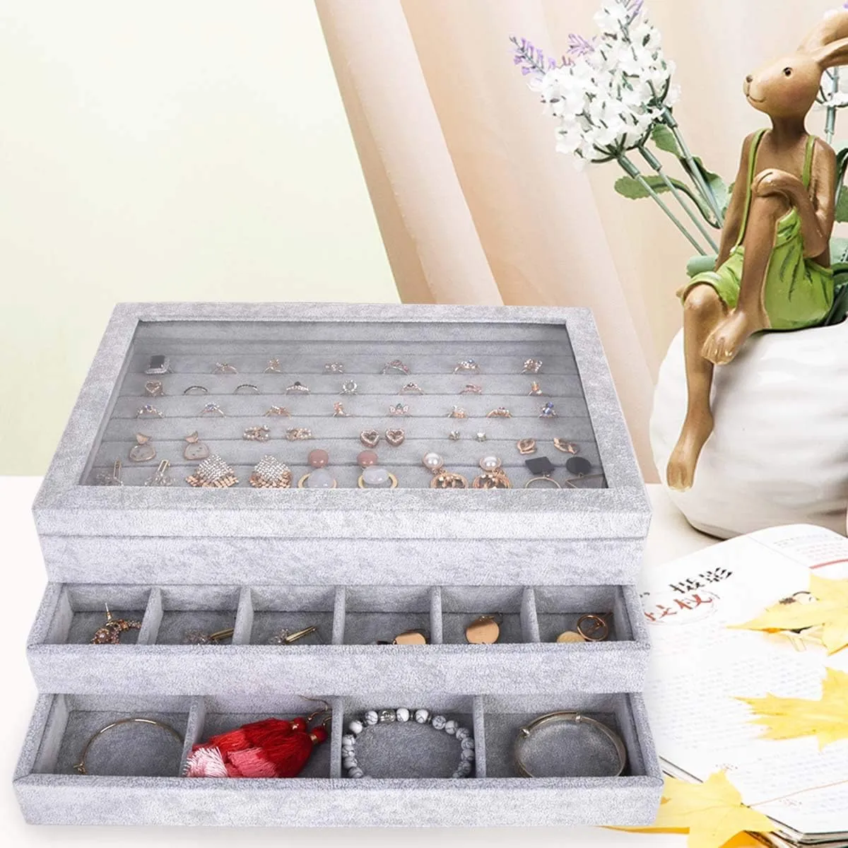 Autoark Ice Velvet Stackable Jewelry Tray Showcase Display Organizer,Set of 3,AJ-076