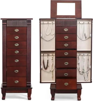 AVAWING Standing Jewelry Cabinet Armoire with Top Flip Mirror, 7 Drawers & 12 Necklace Hooks, Jewelry Box Storage Organizer with 2 Side Swing Doors (Reddish Brown)