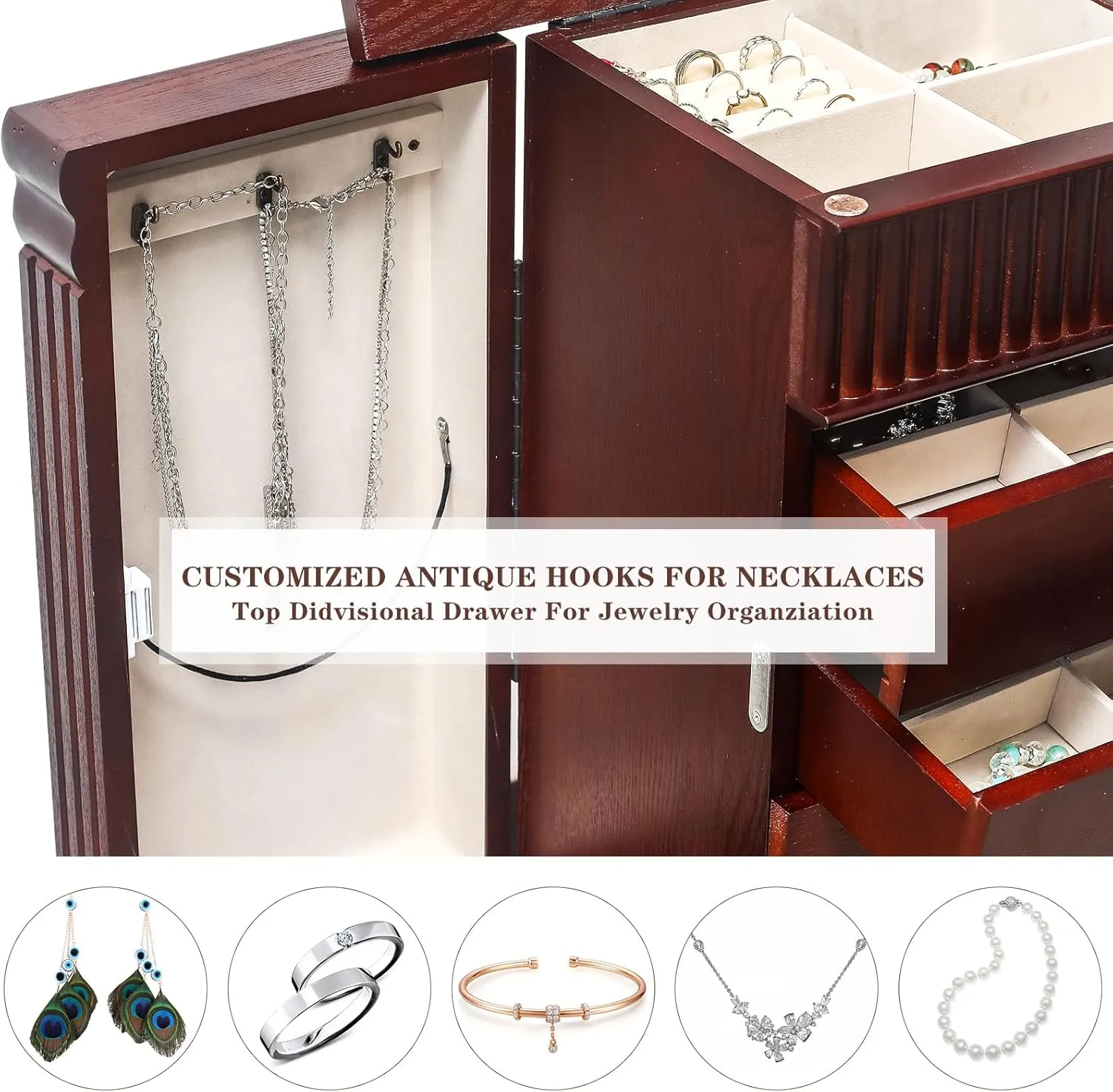 AVAWING Standing Jewelry Cabinet Armoire with Top Flip Mirror, 7 Drawers & 12 Necklace Hooks, Jewelry Box Storage Organizer with 2 Side Swing Doors (Reddish Brown)