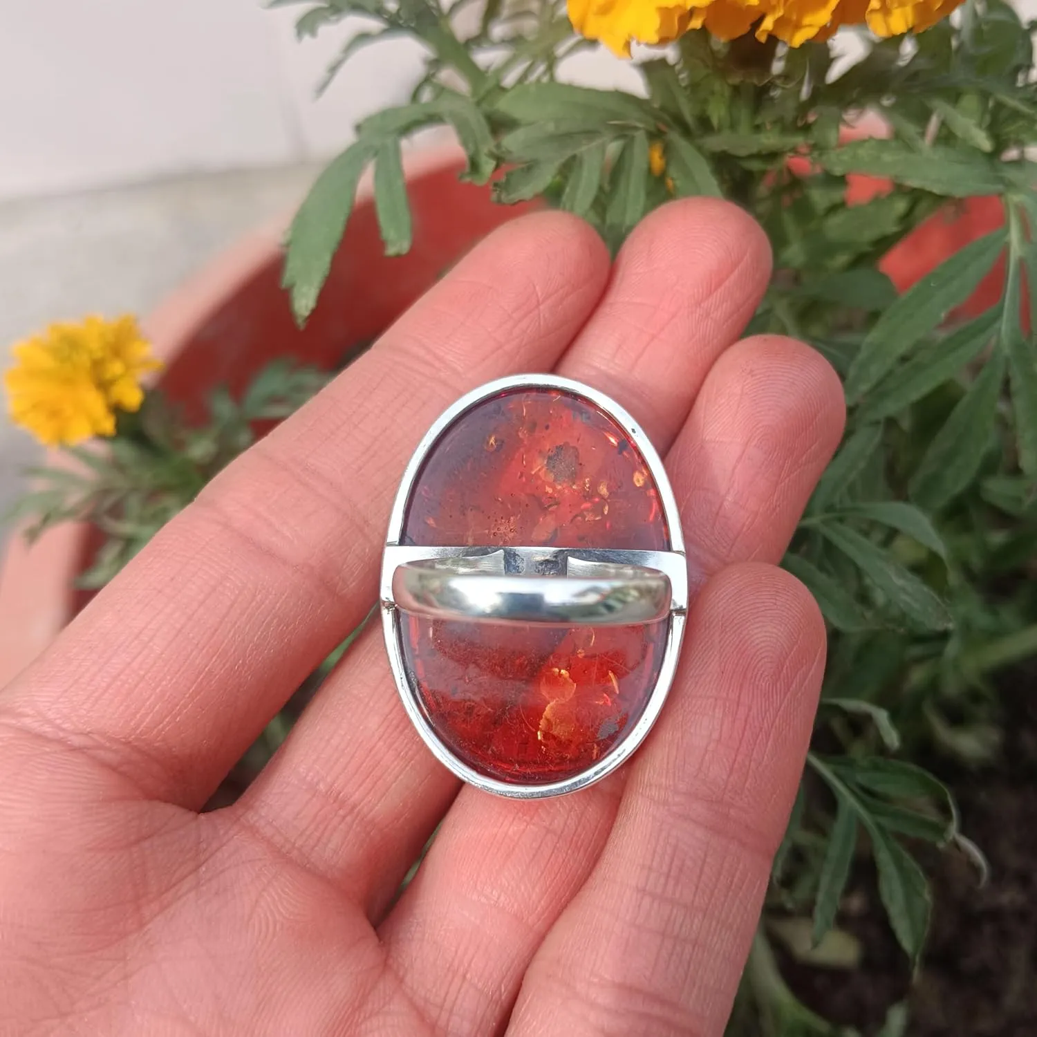 Baltic Amber Gemstone Ring,925 Sterling Silver,Oval Shape Stone,Orange Gemstone Ring,Vintage Style Amber Ring,Big Honey Amber Ring,Anniversary Gift,Beautiful Amber Jewelry,Unique Jewelry Gift (6.5)
