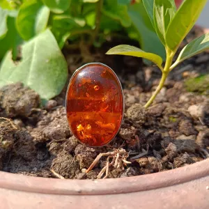 Baltic Amber Gemstone Ring,925 Sterling Silver,Oval Shape Stone,Orange Gemstone Ring,Vintage Style Amber Ring,Big Honey Amber Ring,Anniversary Gift,Beautiful Amber Jewelry,Unique Jewelry Gift (6.5)