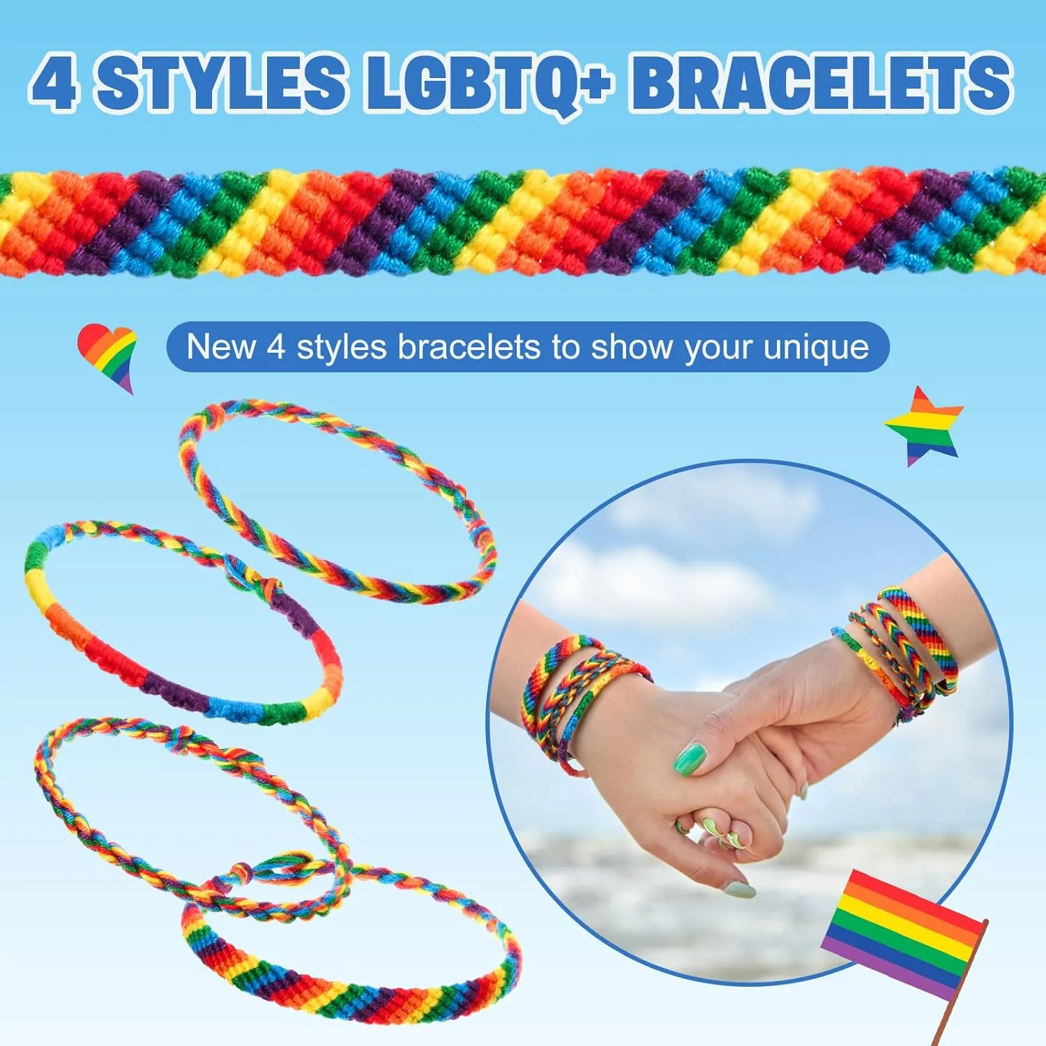 Batiyeer Rainbow LGBTQ Pride Bracelet, Handmade Braided Rainbow Friendship String Bracelet LGBTQ Wristband Adjustable Size Three tie rope colors for Gay & Lesbian Relationship