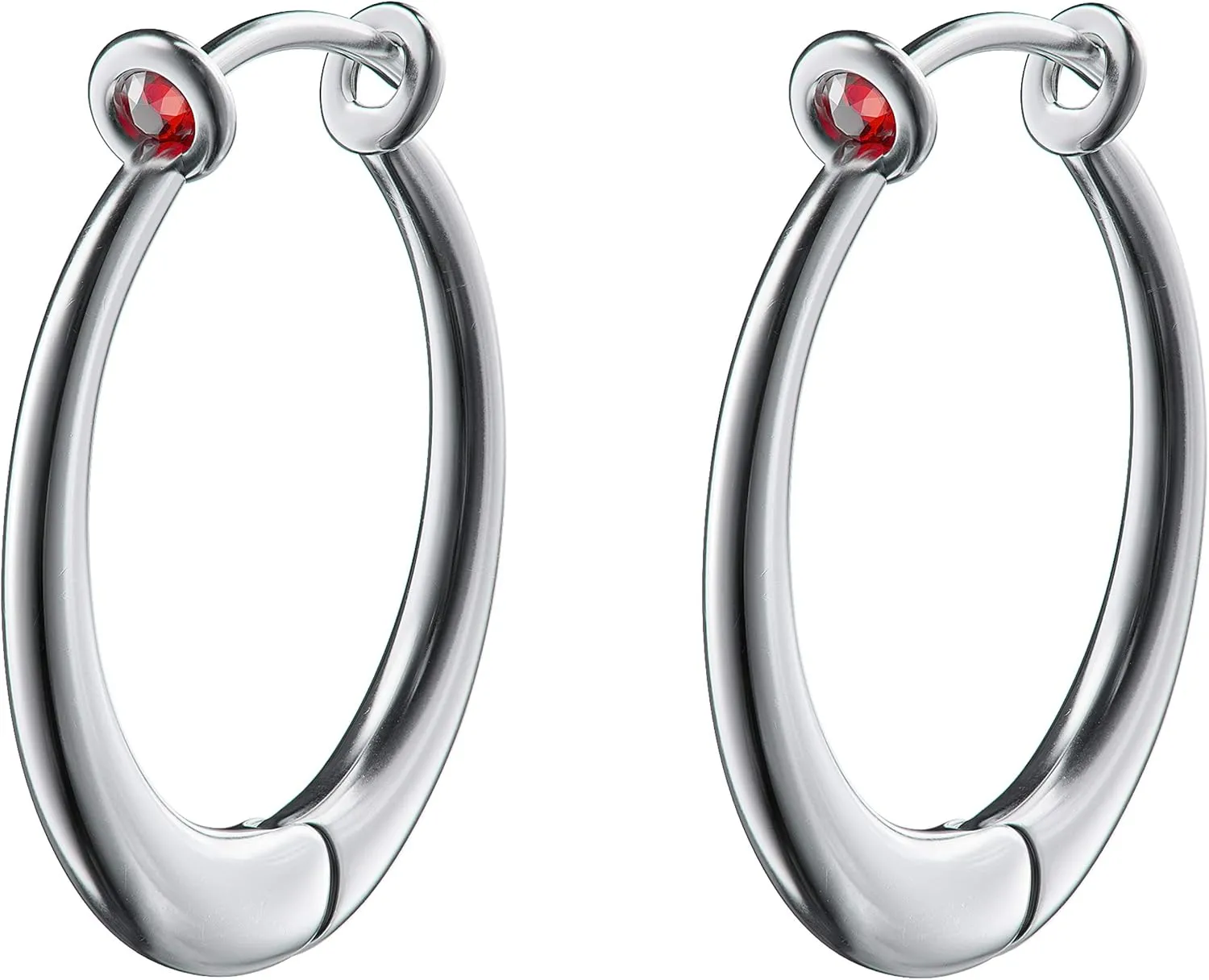 Bejeweled Silver Tone Hoop Earrings with Red Crystal