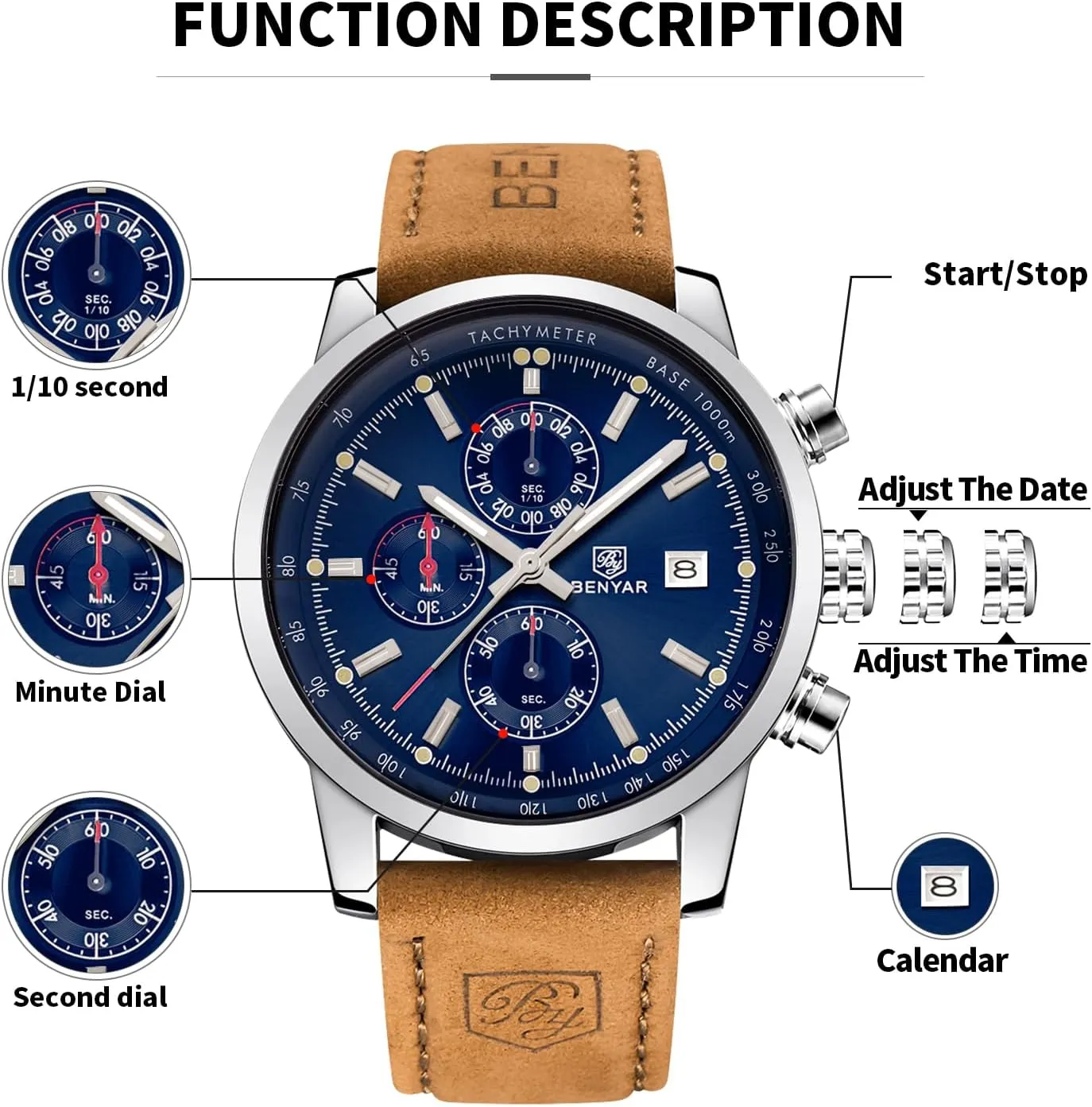 BENYAR Mens Watches Chronograph Analog Quartz Watch Silver Black Stainless Steel Watch for Men Stylish Business Sports Waterproof Wristwatch Elegant Gift Brown Leather Strap