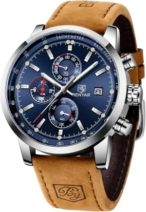 BENYAR Mens Watches Chronograph Analog Quartz Watch Silver Black Stainless Steel Watch for Men Stylish Business Sports Waterproof Wristwatch Elegant Gift Brown Leather Strap