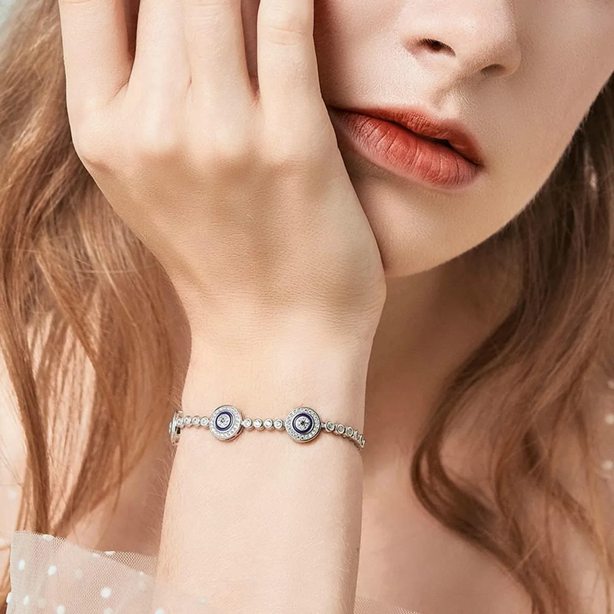 BISAER 925 Sterling Silver Blue Evil Eye Bracelet with Cubic Zirconia Hamsa Adjustable Chain Bracelets for Women