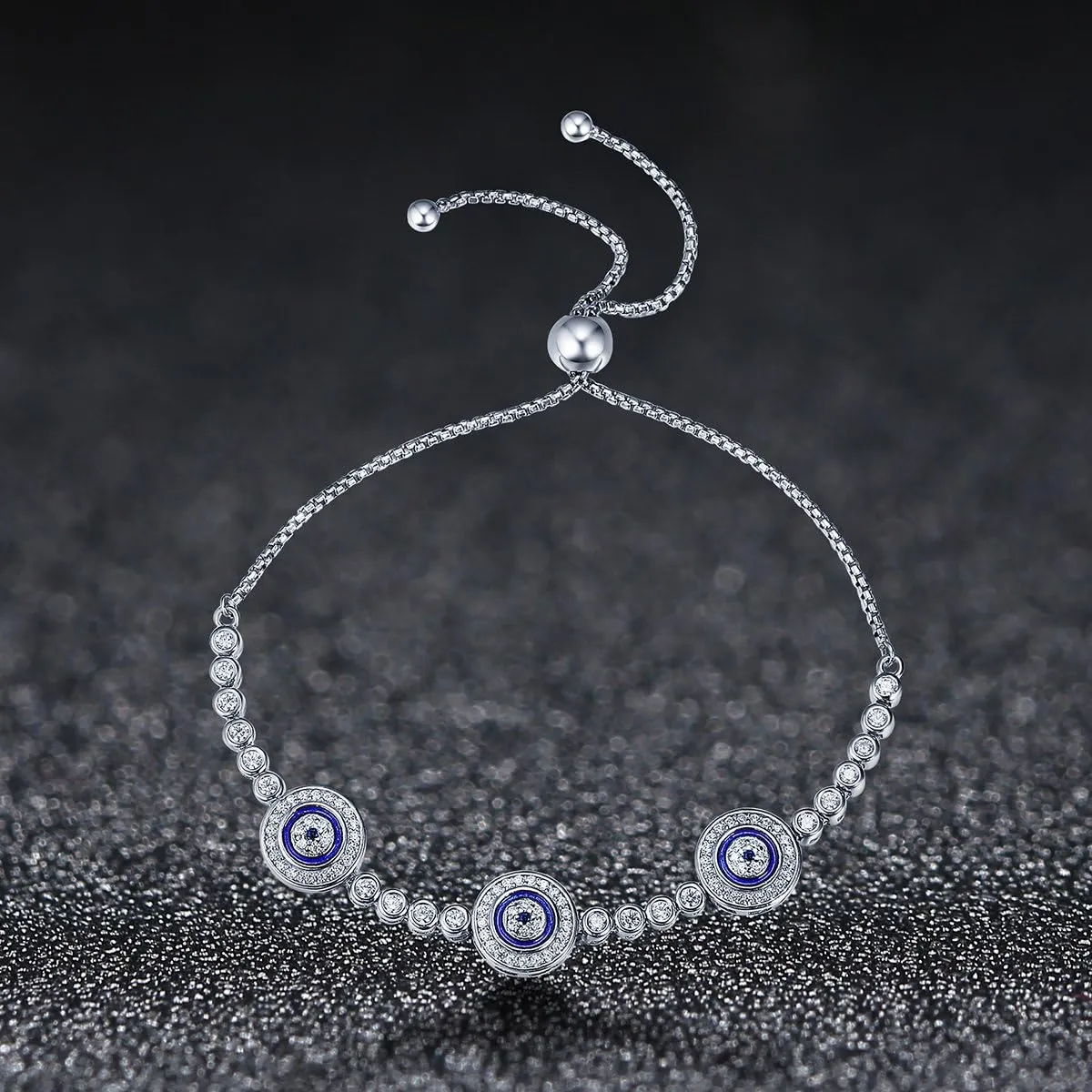 BISAER 925 Sterling Silver Blue Evil Eye Bracelet with Cubic Zirconia Hamsa Adjustable Chain Bracelets for Women