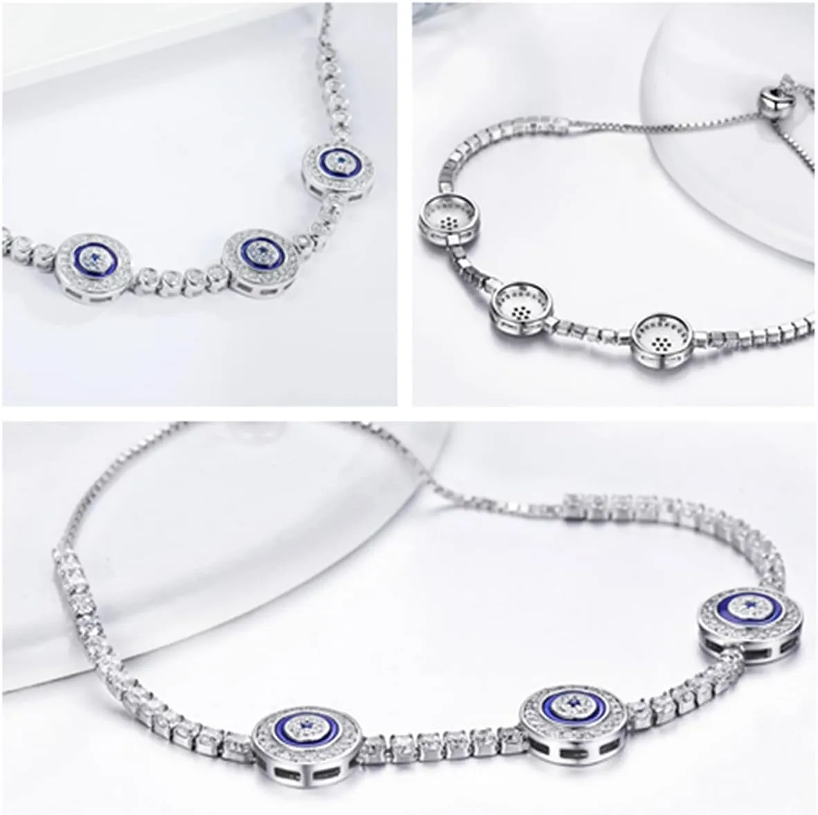 BISAER 925 Sterling Silver Blue Evil Eye Bracelet with Cubic Zirconia Hamsa Adjustable Chain Bracelets for Women