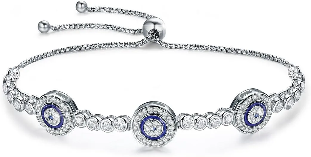 BISAER 925 Sterling Silver Blue Evil Eye Bracelet with Cubic Zirconia Hamsa Adjustable Chain Bracelets for Women