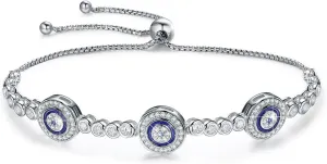 BISAER 925 Sterling Silver Blue Evil Eye Bracelet with Cubic Zirconia Hamsa Adjustable Chain Bracelets for Women
