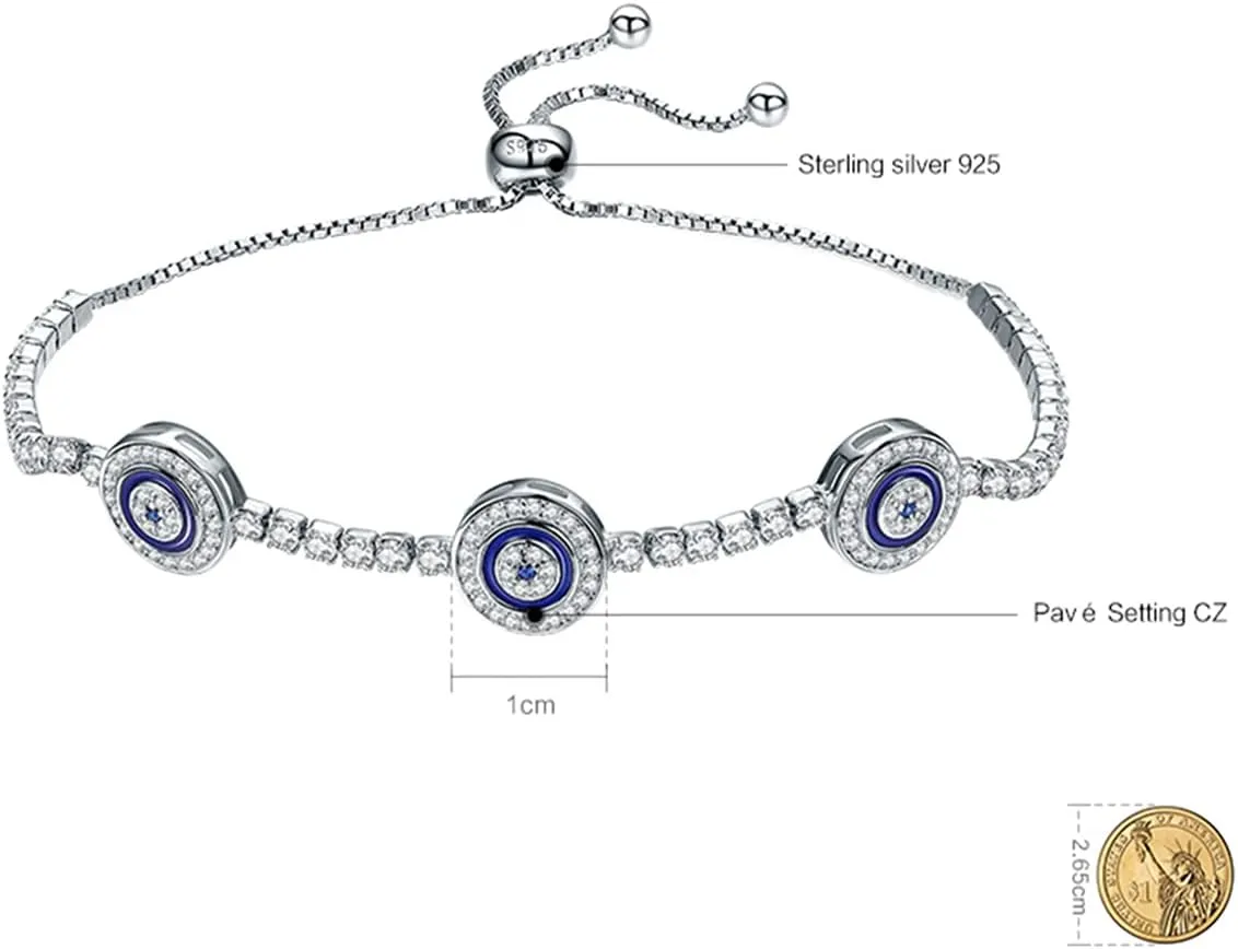 BISAER 925 Sterling Silver Blue Evil Eye Bracelet with Cubic Zirconia Hamsa Adjustable Chain Bracelets for Women