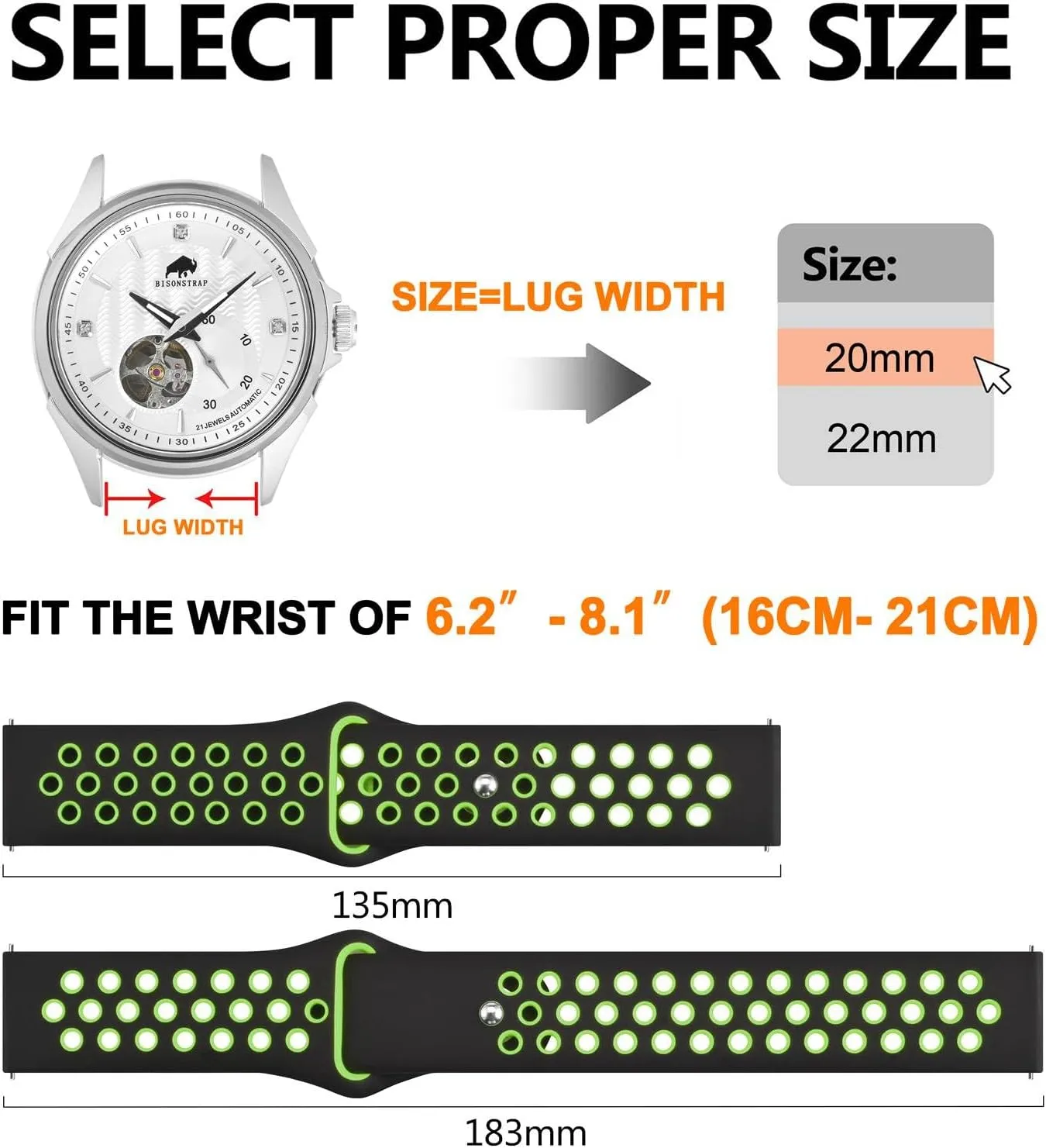 BISONSTRAP 20mm 22mm Watch Bands for Men and Women, Ventilated Silicone Watch Straps, Quick Release Sport Loop Band