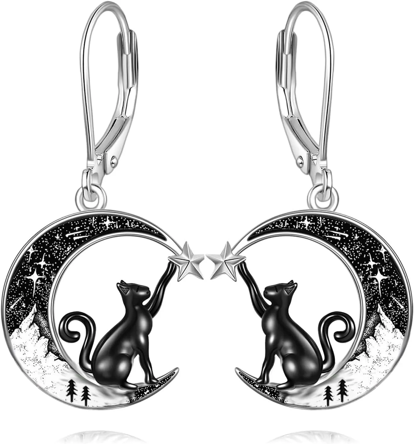 Black Cat/Bat/Spider/Pumpkin/Wolf/Bunny/Sun and Moon/Turtle/Raven 925 Sterling Silver Leverback Dangle Earrings Moon Gothic Christmas Earrings Jewelry Gift for Women