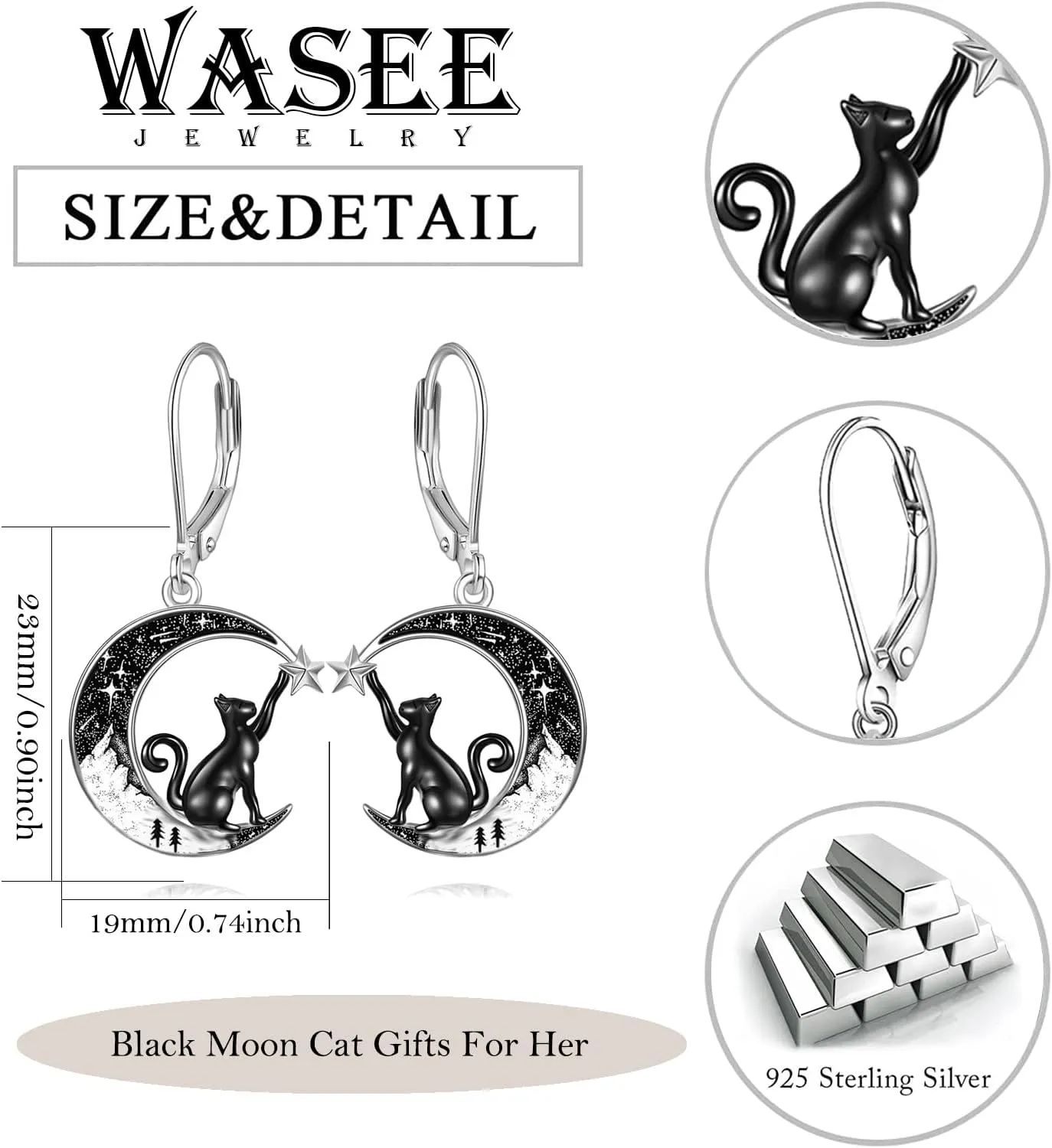 Black Cat/Bat/Spider/Pumpkin/Wolf/Bunny/Sun and Moon/Turtle/Raven 925 Sterling Silver Leverback Dangle Earrings Moon Gothic Christmas Earrings Jewelry Gift for Women