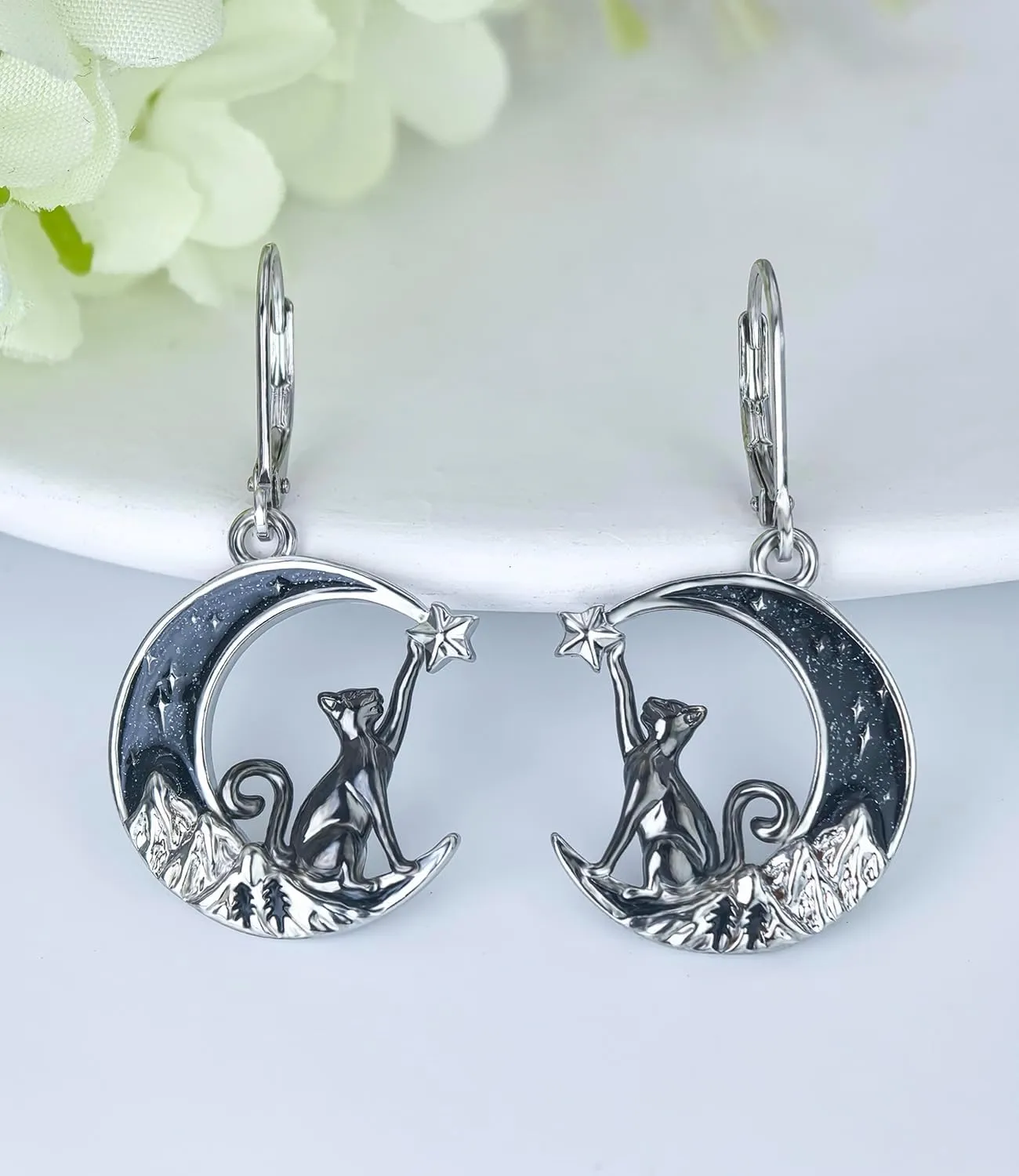 Black Cat/Bat/Spider/Pumpkin/Wolf/Bunny/Sun and Moon/Turtle/Raven 925 Sterling Silver Leverback Dangle Earrings Moon Gothic Christmas Earrings Jewelry Gift for Women