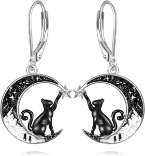 Black Cat/Bat/Spider/Pumpkin/Wolf/Bunny/Sun and Moon/Turtle/Raven 925 Sterling Silver Leverback Dangle Earrings Moon Gothic Christmas Earrings Jewelry Gift for Women