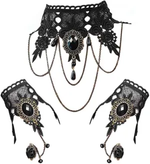 Black Choker Lace Necklace with Bracelet Set Punk Party Gothic Vintage Handmade Retro Bracelet Wristband for Women-S size