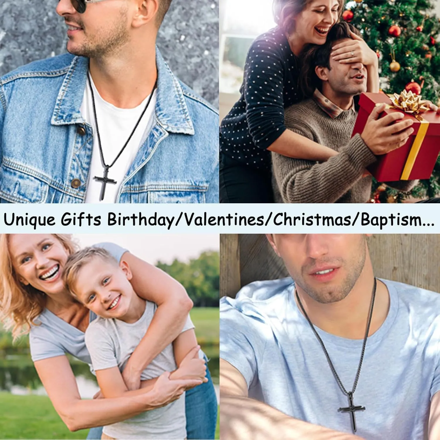 Black Cross Necklace for Men Boys Baptism Confirmation Christian Graduation Easter Valentine's Day Christmas Gifts