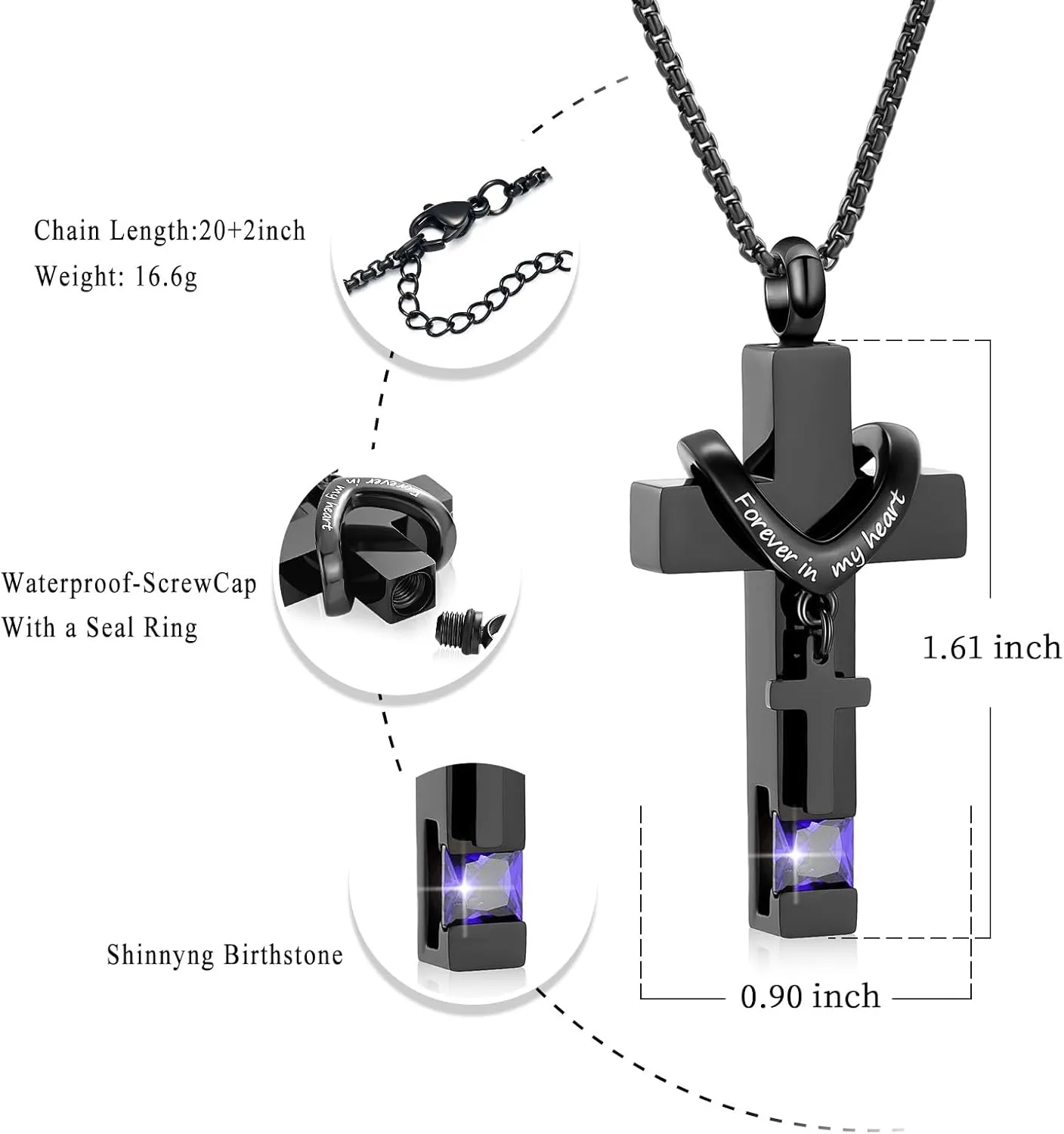 Black Cross Urn Necklace For Ashes Of Loved Ones With Birthstone Always In My Heart Cremation Jewelry Keepsake Pendant Women Men
