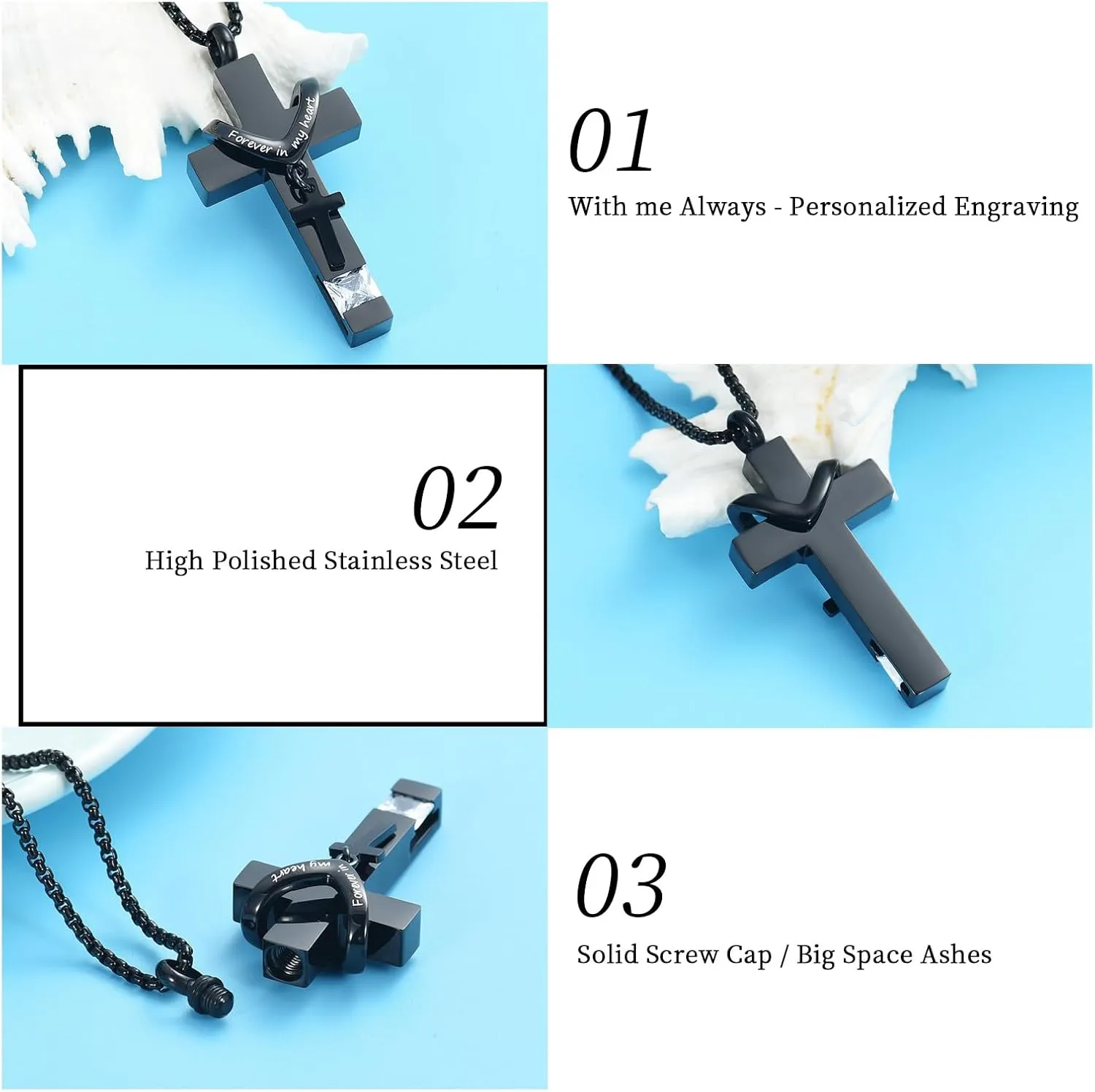 Black Cross Urn Necklace For Ashes Of Loved Ones With Birthstone Always In My Heart Cremation Jewelry Keepsake Pendant Women Men