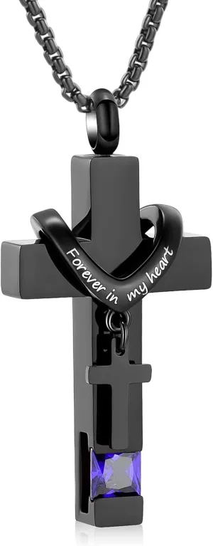 Black Cross Urn Necklace For Ashes Of Loved Ones With Birthstone Always In My Heart Cremation Jewelry Keepsake Pendant Women Men