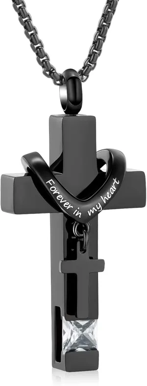 Black Cross Urn Necklace For Ashes Of Loved Ones With Birthstone Always In My Heart Cremation Jewelry Keepsake Pendant Women Men