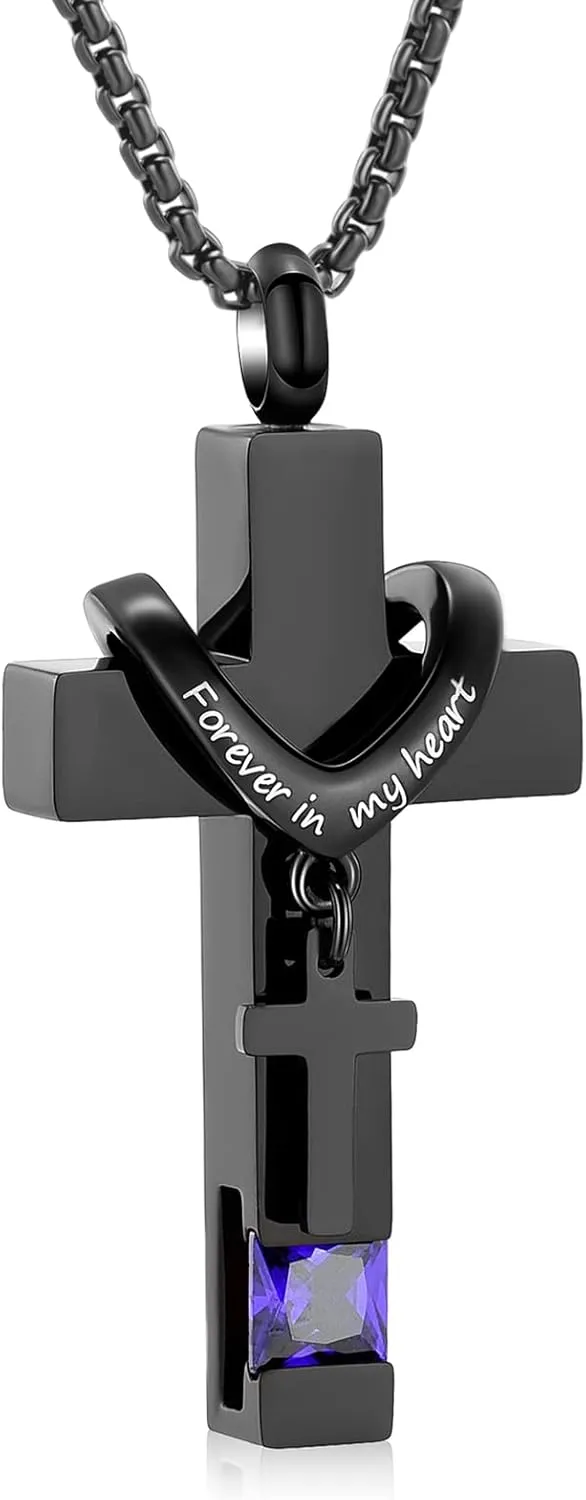 Black Cross Urn Necklace For Ashes Of Loved Ones With Birthstone Always In My Heart Cremation Jewelry Keepsake Pendant Women Men
