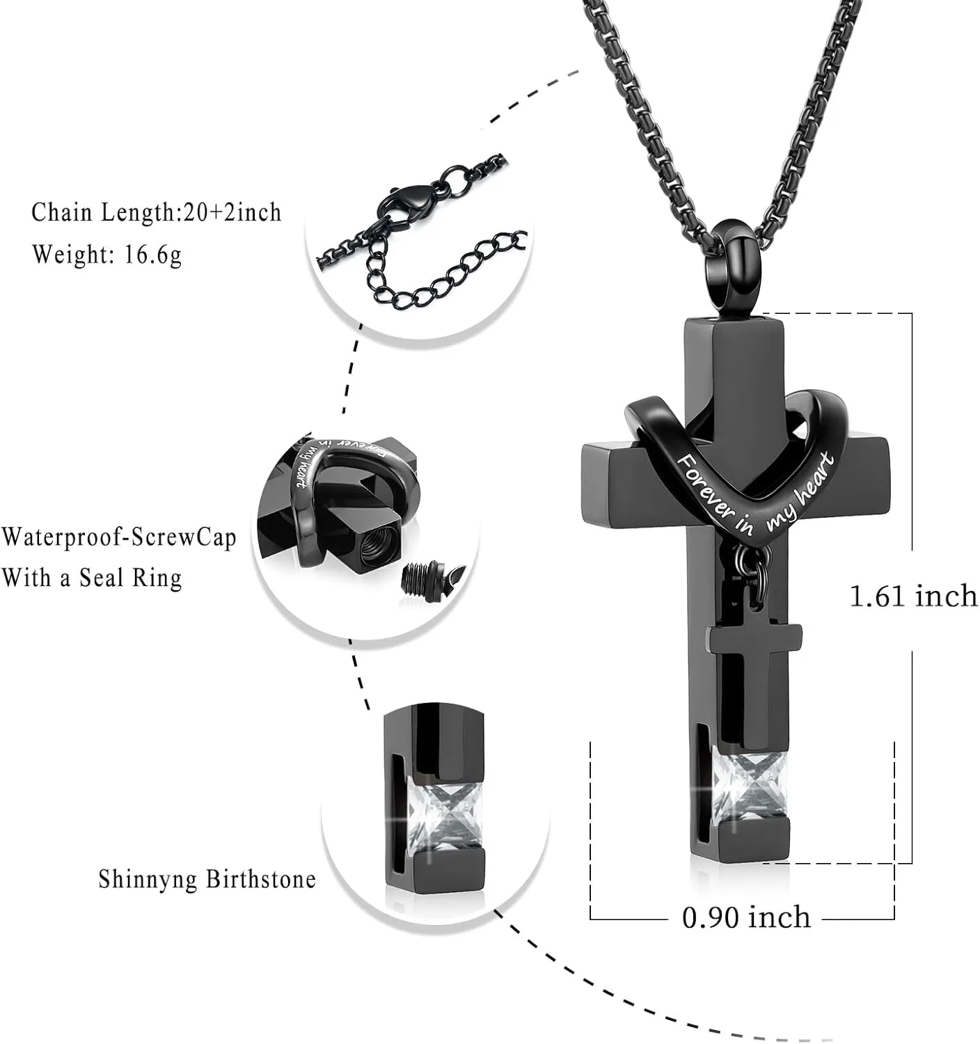 Black Cross Urn Necklace For Ashes Of Loved Ones With Birthstone Always In My Heart Cremation Jewelry Keepsake Pendant Women Men