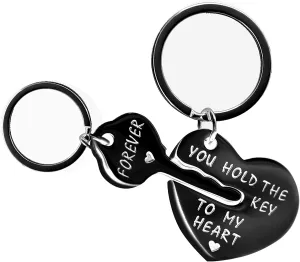 Black Stainless Key To Heart Puzzle Matching Keychain, Couples Keyring Engraved You Hold The Key To My Heart Forever SN150-Black