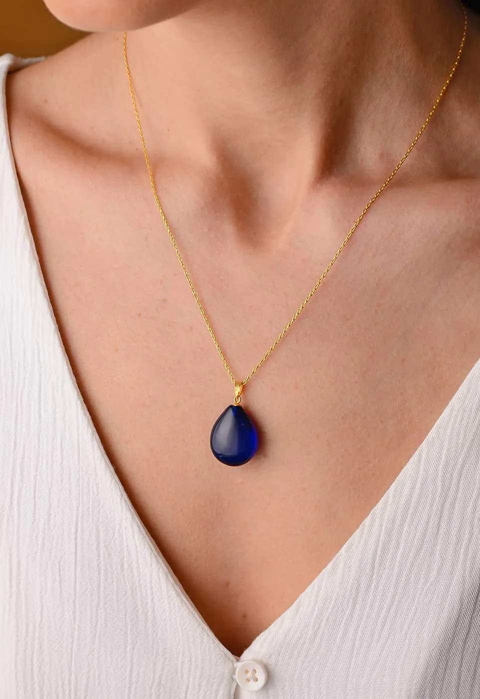 Blue Amber Pendant Necklace with 18 inch 18K Gold Plated 925 Sterling Silver Chain, Blue Amber Necklace for Women, Amber Stone Jewelry, 100% Genuine, Pendant Necklace (Blue Puff Drop)