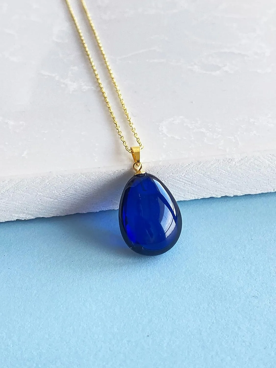 Blue Amber Pendant Necklace with 18 inch 18K Gold Plated 925 Sterling Silver Chain, Blue Amber Necklace for Women, Amber Stone Jewelry, 100% Genuine, Pendant Necklace (Blue Puff Drop)