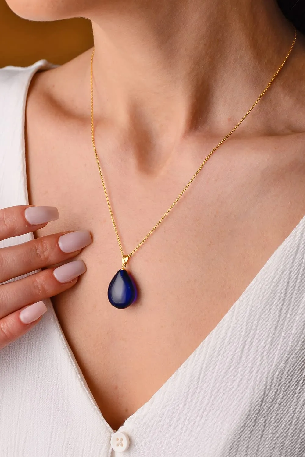 Blue Amber Pendant Necklace with 18 inch 18K Gold Plated 925 Sterling Silver Chain, Blue Amber Necklace for Women, Amber Stone Jewelry, 100% Genuine, Pendant Necklace (Blue Puff Drop)
