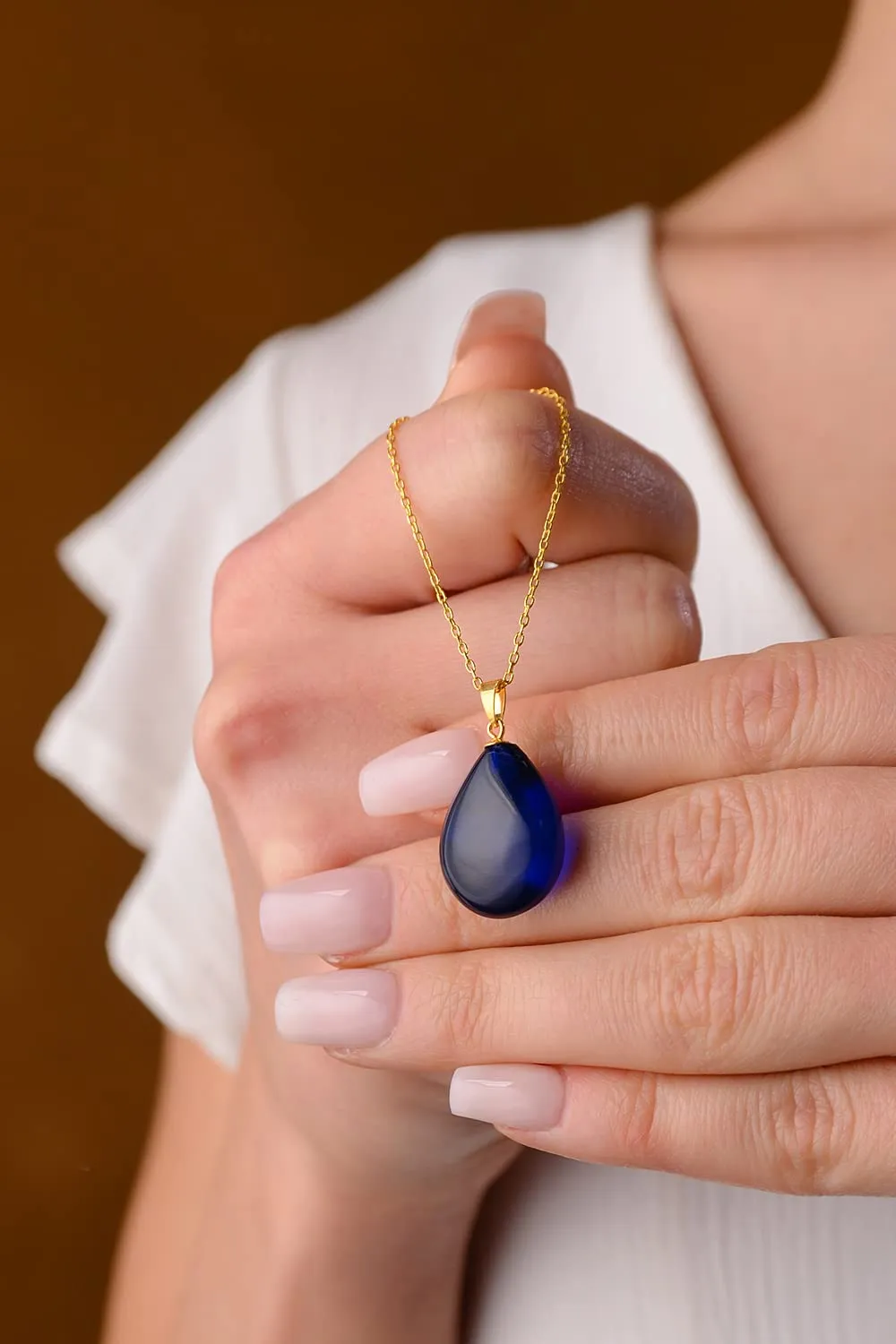 Blue Amber Pendant Necklace with 18 inch 18K Gold Plated 925 Sterling Silver Chain, Blue Amber Necklace for Women, Amber Stone Jewelry, 100% Genuine, Pendant Necklace (Blue Puff Drop)