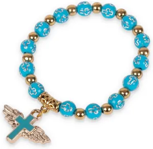 Blue Rosary Beads Bracelet Angel Wings Crucifix Medal Catholic Religious Prayer Handmade Christian