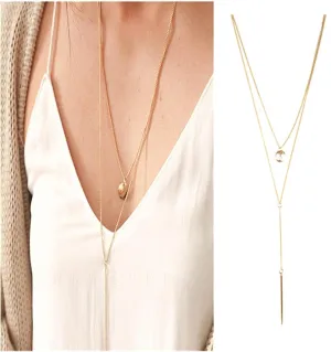 Bohemia Layered Disc bar Necklace Gold Disc Lariat Necklace Vertical Bar Pendant Necklace Long Bar Y Drop Necklace Chain Jewelry for Women
