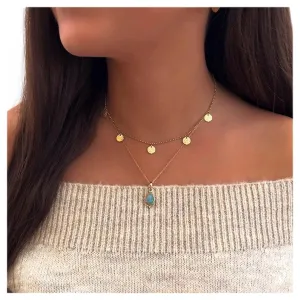 Bohemian Layered Waterdrop Turquoise Choker Necklace Teardrop Turquoise Pendant Necklace Gold Tiny Coin Dangle Necklace Turquoise Bead Necklace Jewelry for Women and Girls