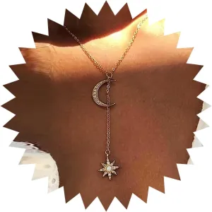 Boho Crystal Star Y Lariat Necklace Gold Star Y Necklace Cz Moon Choker Necklace Rhinestone Moon Necklace Long Star Drop Necklace Jewelry for Women