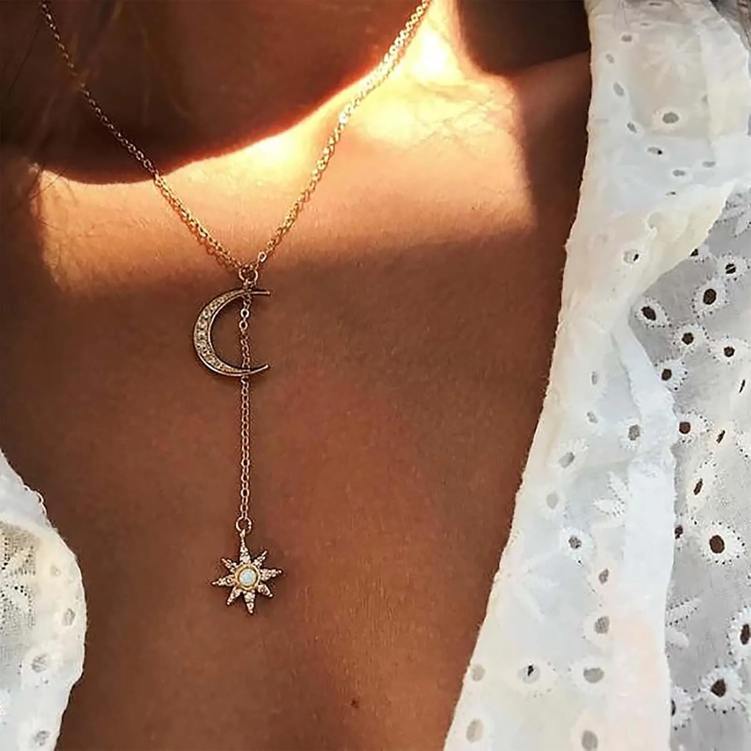 Boho Crystal Star Y Lariat Necklace Gold Star Y Necklace Cz Moon Choker Necklace Rhinestone Moon Necklace Long Star Drop Necklace Jewelry for Women