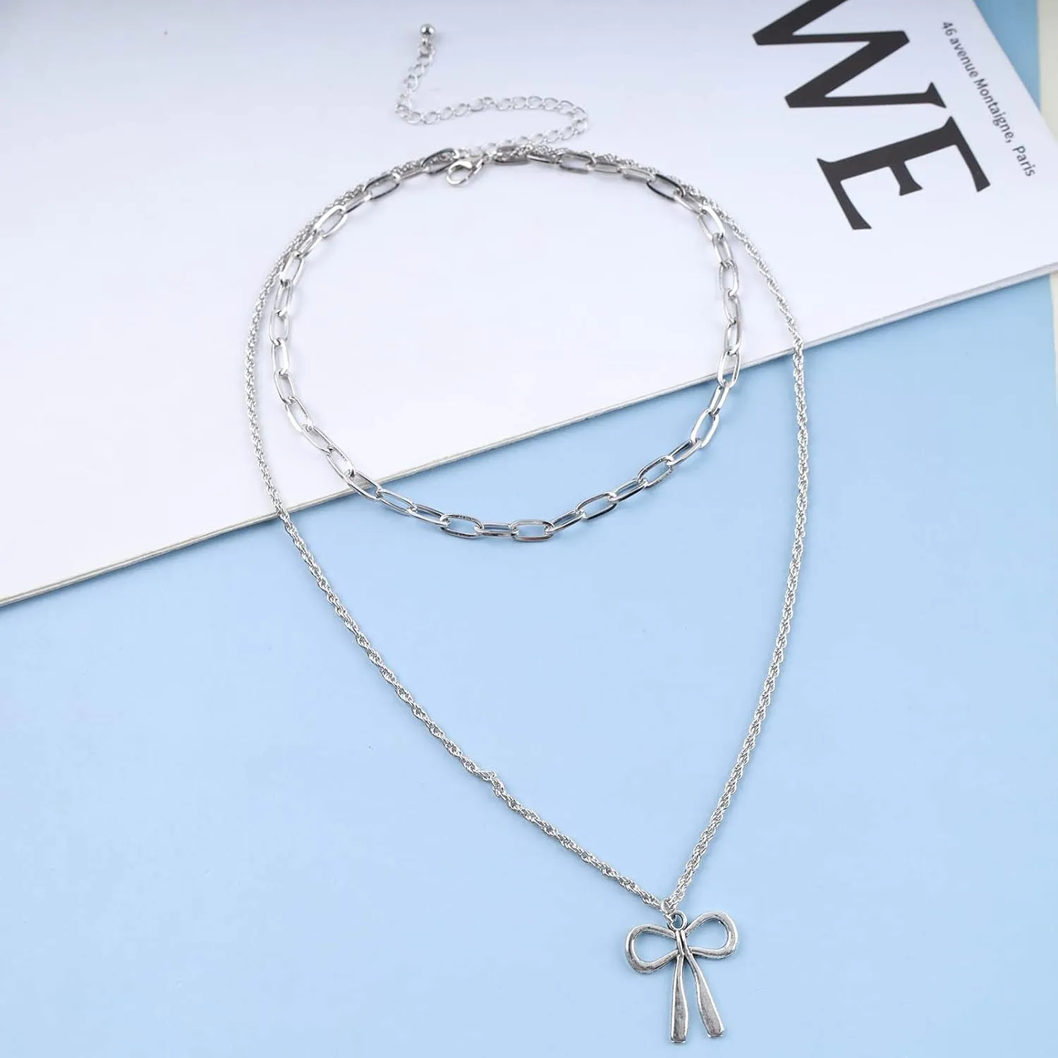 Boho Layered Bow Necklace Choker Hollow Bow Pendant Necklace Punk Paperclip Chain Necklace Silver Twist Chain Necklace Jewelry for Women and Girls