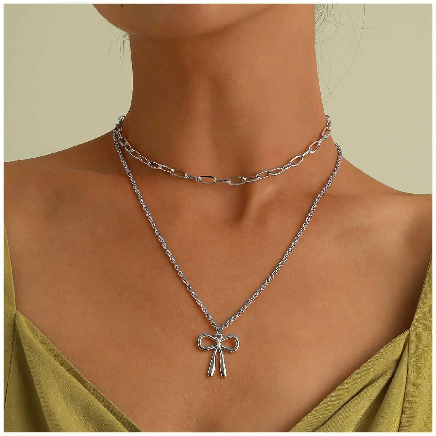 Boho Layered Bow Necklace Choker Hollow Bow Pendant Necklace Punk Paperclip Chain Necklace Silver Twist Chain Necklace Jewelry for Women and Girls
