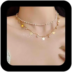 Boho Layered Butterfly Choker Necklace Gold Butterfly Cz Necklace Wedding Pearl Collar Necklace Butterfly Wing Necklace Butterfly Dangle Necklace Jewelry for Women