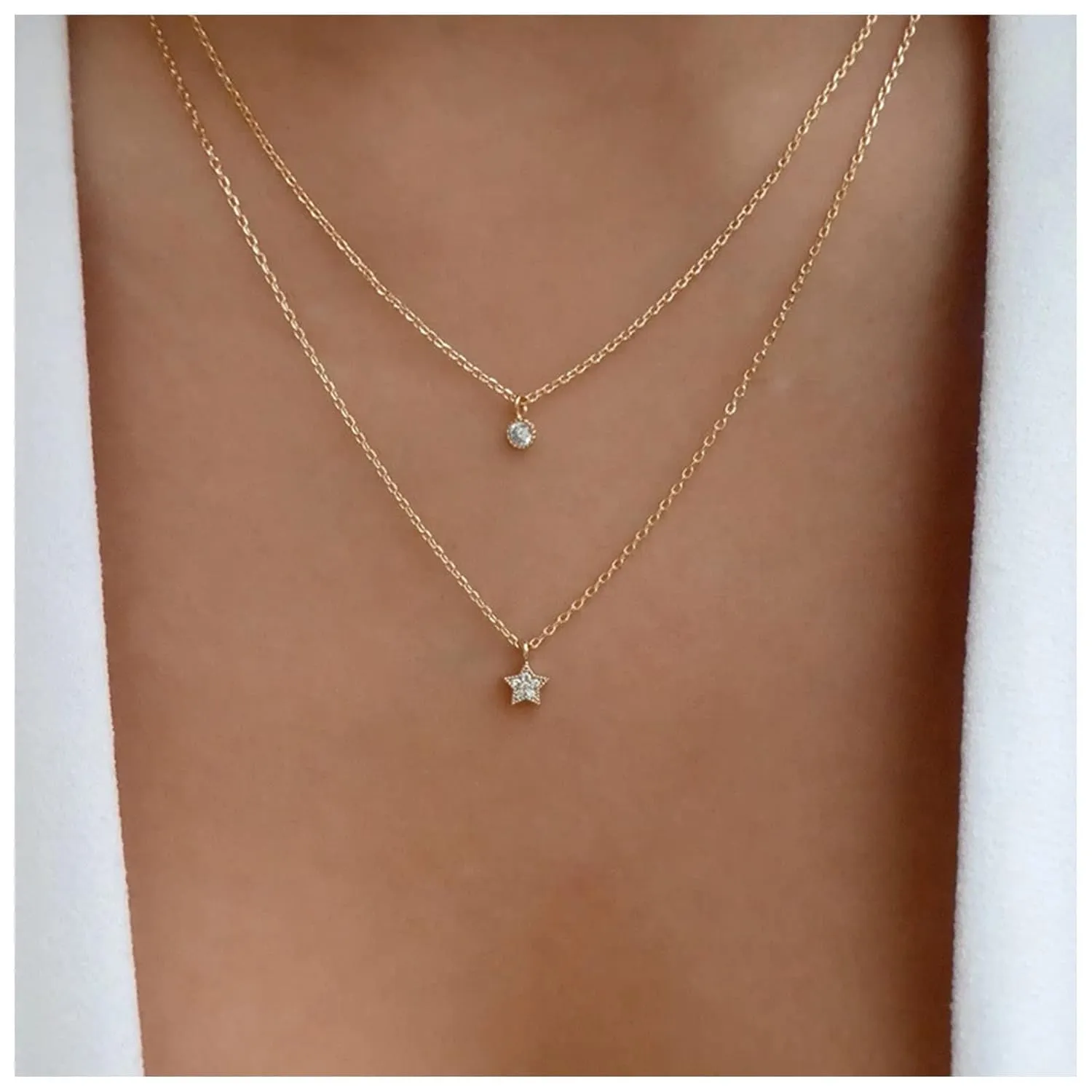 Boho Layered Cz Star Necklace Crystal Star Pendant Necklace Tiny Solitaire Choker Necklace Gold Star Collar Necklace Chain Jewelry for Women and Girls