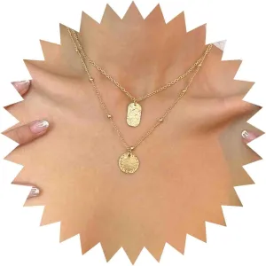 Boho Layered Gold Necklace Gold Disc Coin Necklace Chain Round Coin Choker Necklace Square Pendant Necklace Geometric Layering Necklace Jewelry for Women