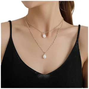 Boho Layered Pearl Necklace Teardrop Pearl Pendant Necklace Retro Pearl Pendant Necklace Gold Pearl Beads Necklace Jewelry for Women and Girls