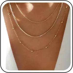 Boho Layered Rhinestone Chain Necklace Cz Tennis Chain Choker Necklace Gold Satellite Chain Necklace Multi Layer Crystal Chain Necklace Jewelry for Women