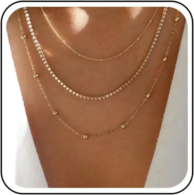 Boho Layered Rhinestone Chain Necklace Cz Tennis Chain Choker Necklace Gold Satellite Chain Necklace Multi Layer Crystal Chain Necklace Jewelry for Women